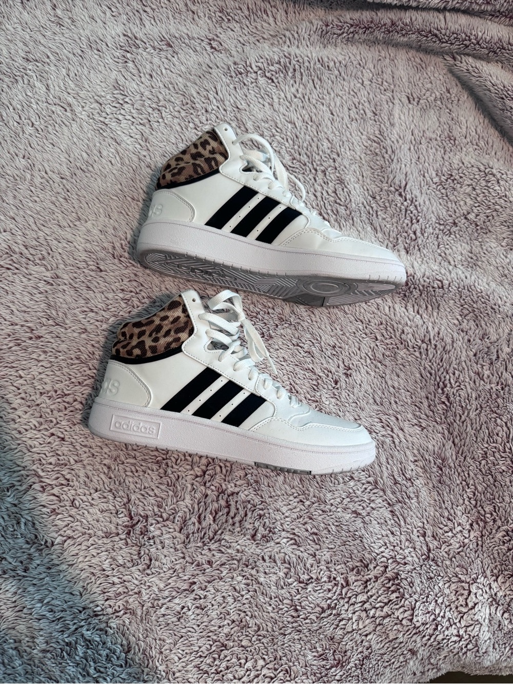 adidas White High-Top Sneakers with Black Stripes and Leopard Collar